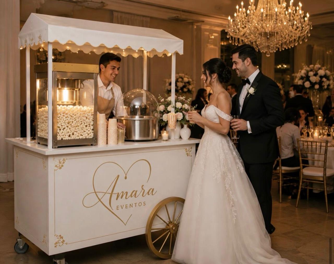 Pareja celebrando su casamiento junto al carrito de pochoclos Amara Eventos
